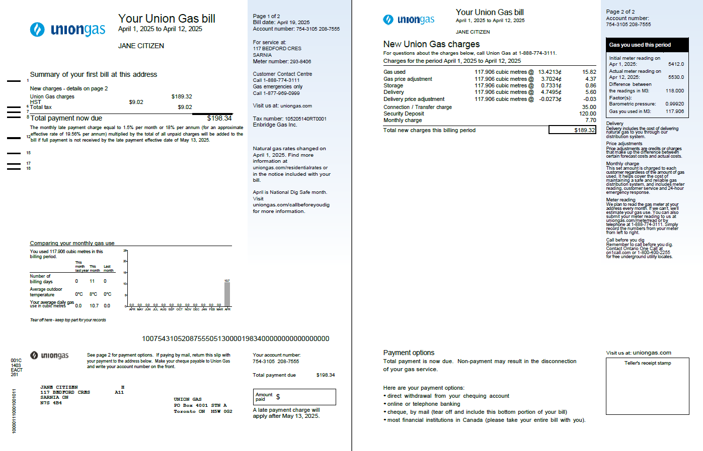 Canada Union Gas utility bill template in Word and PDF formats, 2 pages, version 2
